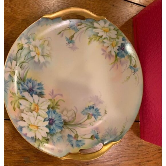 Antique Hand-Painted Floral Porcelain Serving Plate with Gold Handles - Picture 3 of 3